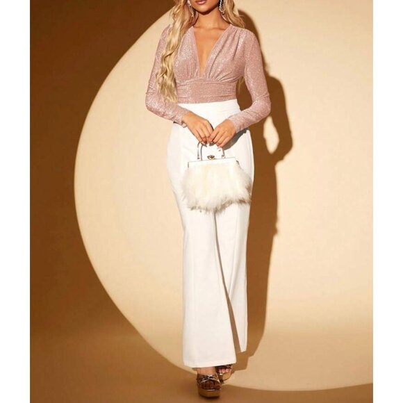 Sparkly Long-Sleeve Deep V-Neck Bodysuit For Women - Picture 6 of 6